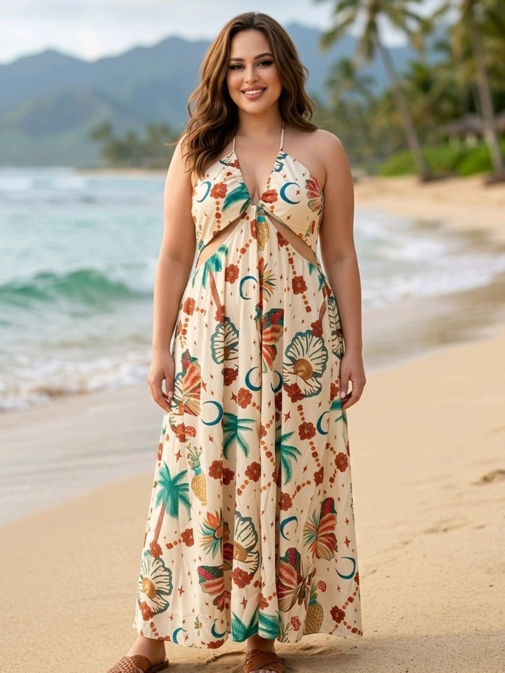 Cream Tropical Halter Maxi Dress - Plus Size